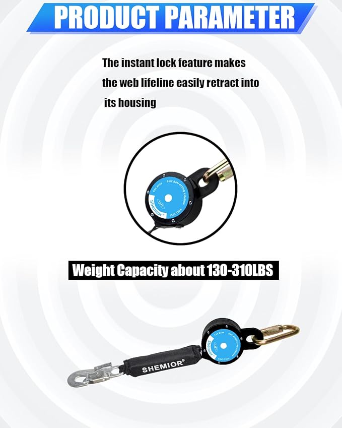 11FT Web Self Retracting Lifeline, Shemior No Tangle Lightweight Housing SRL External Shock Absorber, Self Retractable Safety Lanyard, Fall Arrest Protection PPE Gear, OSHA/ANSI Compliant