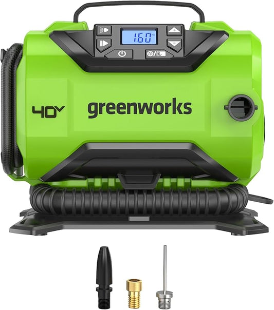 Greenworks 40V Cordless Tire Inflator, 160 PSI Portable Air Compressor, 2 Power Sources, Auto Shut Off, for Car, Bicycle, Motorcycle, Air Boat, Inflatables, Tool Only