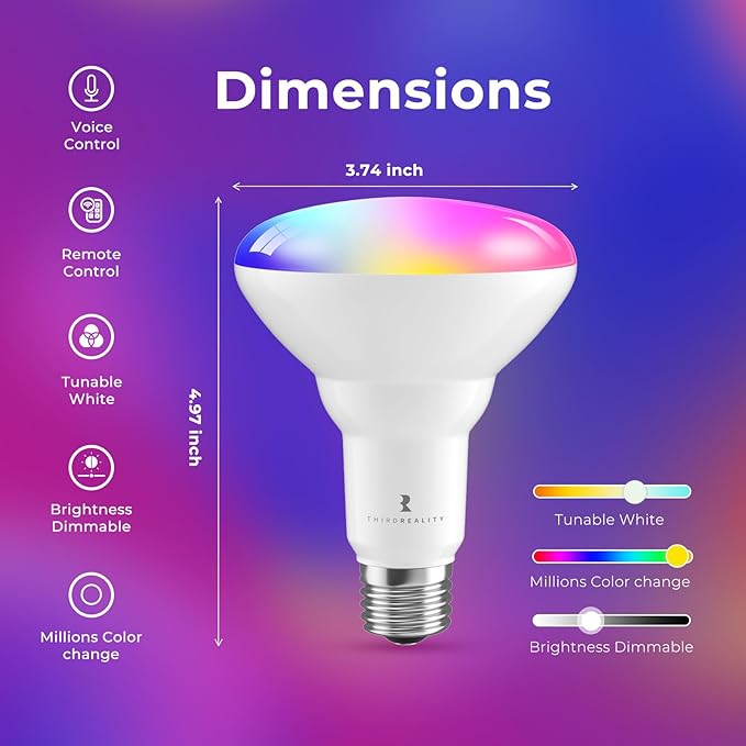 THIRDREALITY Smart Color Bulb ZB3 4Pack, Zigbee Hub Required, 650 Lumens,BR30/E26 Flood Light,RGB Full Color,ETL/FCC Certified,Compatible with Home Assistant, SmartThings, Aeotec,Homey,Hubitat,Alexa