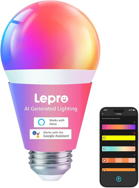 Lepro B1 AI Smart Light Bulbs - WiFi & Bluetooth RGBWW Color Changing LED Bulb Compatible with Alexa & Google Assistant, AI Generated Lighting LLM, AI Voice Control, Music Sync, 2.4GHz Only, 1 Pack