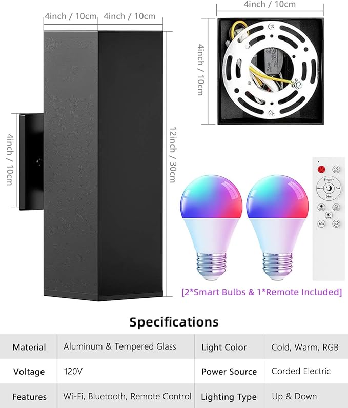 KIZON Outdoor Wall Light RGBCW Smart Porch Lights with Remote Control, Dusk to Dawn Outdoor Light Fixture Wall Mount for House, Compatible with Alexa Google Assistant, ETL Listed