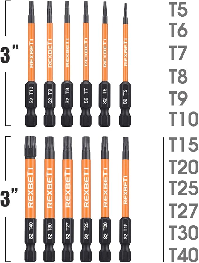 REXBETI 12 Piece Torx Head Screwdriver Bit Set, 1/4 Inch Hex Shank S2 Steel Magnetic 3 Inch Long Drill Bits, T5-T40 (Torx Head)