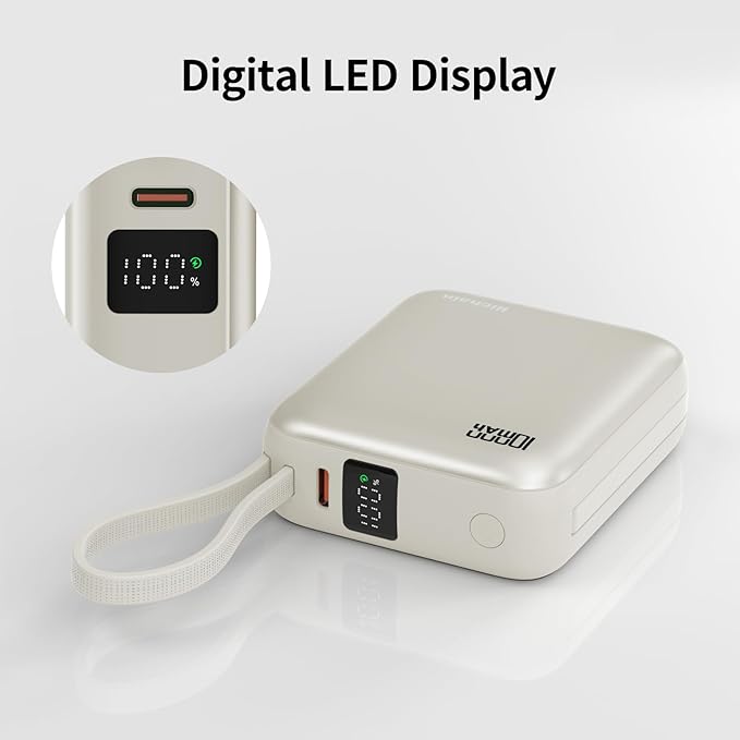 Hichain Small Portable Charger with Built in Cables LED Display, Mini Power Bank 10000mAh 22.5W USB-C Fast Charging Battery Pack, Travel Essential Power Bank for iPhone, iPad, Samsung, Android (Gold)