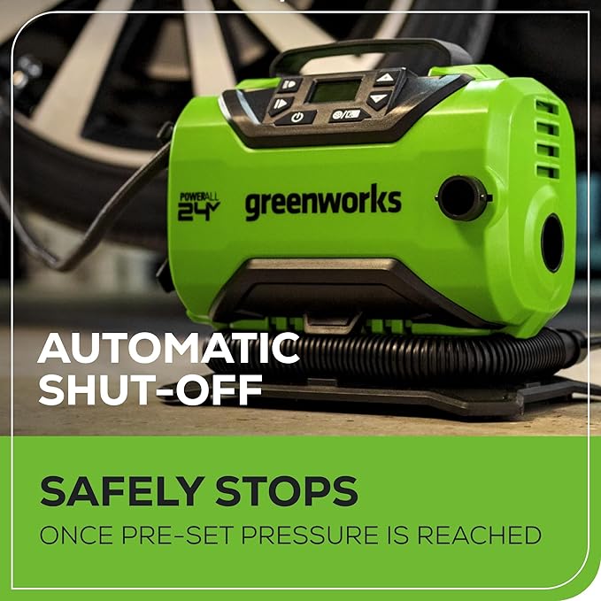 Greenworks 24V Cordless Tire Inflator, 160 PSI Portable Air Compressor, 2 Power Sources, Auto Shut Off, for Car, Bicycle, Motorcycle, Air Boat, Inflatables With 2.0 Ah Battery & 2A Fast Charger