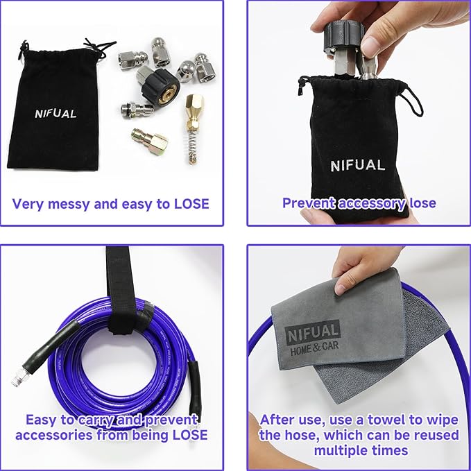 NIFUAL 50FT Sewer Jetter Kit for Pressure Washer, 5800PSI Drain Cleaner Hose 1/4 Inch NPT Corner, Rotating and Button Hose Sewer Jetting Nozzle Waterproof Tape Pearl Corsage Pin Spanner Glove