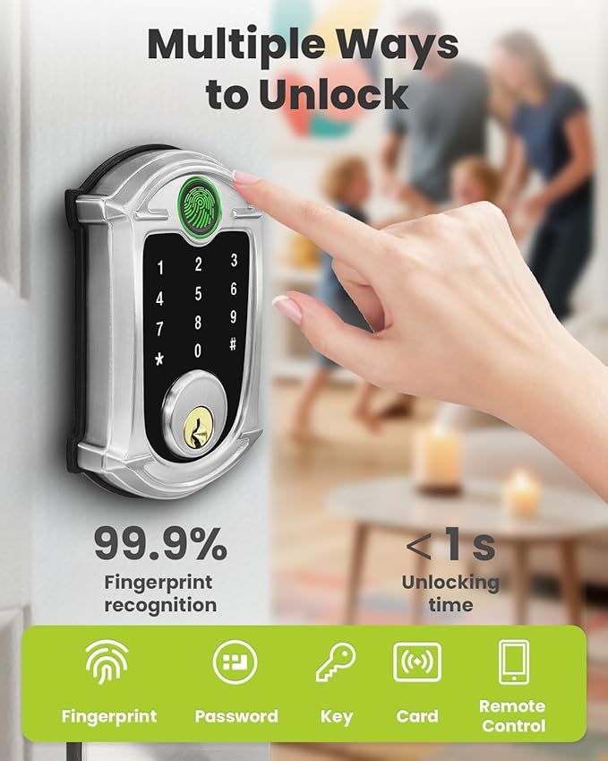 Keyless-Entry Deadbolt Smart Lock with Lever Handle Set: Digital Exterior Waterproof IP56 Locks for Front Door, Smartphone Control Fingerprint Door Lock with Keypad Key Fob(Satin Nickel)