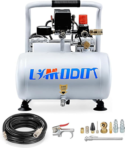 Ultra Quiet Air Compressor, Only 60dB, 1 Gallon Steel Tank, Oil-Free, Electric Air Compressor Perfect for Woodwork Nailing, Garage, Car, Pneumatic Tool, Includes 25 Ft. Air Hose Kit