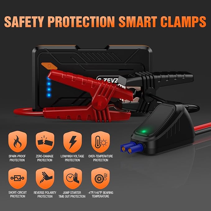 S ZEVZO Jump Starter 1000A Peak Portable Jump Starter for Car (Up to 7.0L Gas/5.5L Diesel Engine) 12V Auto Battery Booster Pack with Smart Clamp Cables, USB Charge, LED Flashlight Jump Box