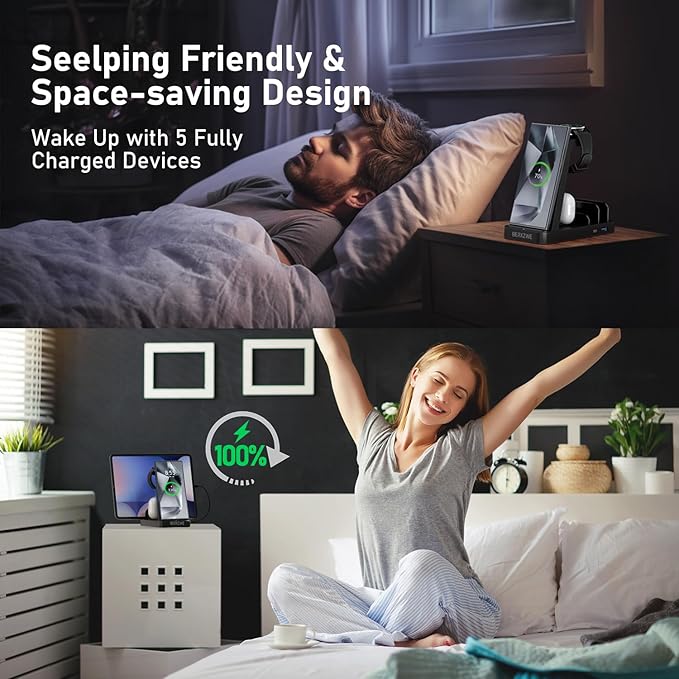 Wireless Charger for Samsung Charging Station, 5 in 1 Wireless Fast Charger for Galaxy S25 Ultra/S24 Ultra/S23/S22, Watch Ultra 7/6/5/4/3, Charger Dock Stand for All Galaxy Tab Series,Black