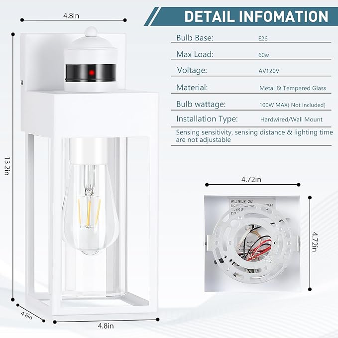 Motion Sensor Outdoor Wall Lanterns 2 Packs, Dusk to Dawn Exterior Light Fixture, 3 Lighting Modes, Waterproof Front Porch Lights for Garage Patio Garden House Entryway, White.
