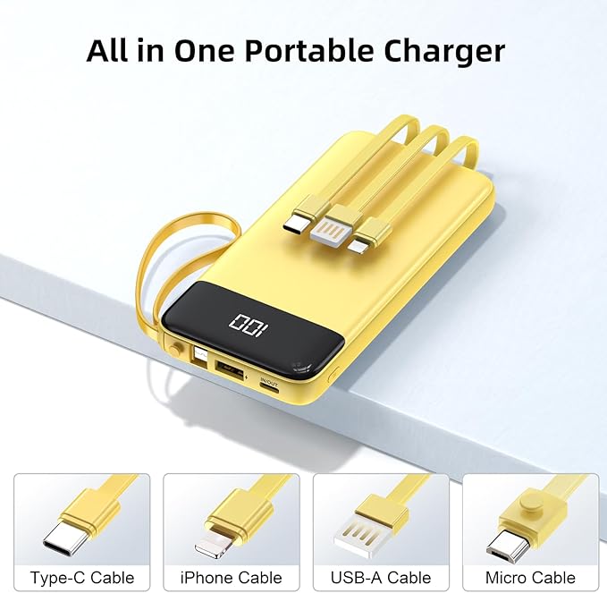 Portable Charger 10000mAh Power Bank with Built-in Cable, 5 Output 2 Input Travel Essential External Battery Pack with LED Display Compatible with iPhone 16/15 Samsung S22 Android,etc