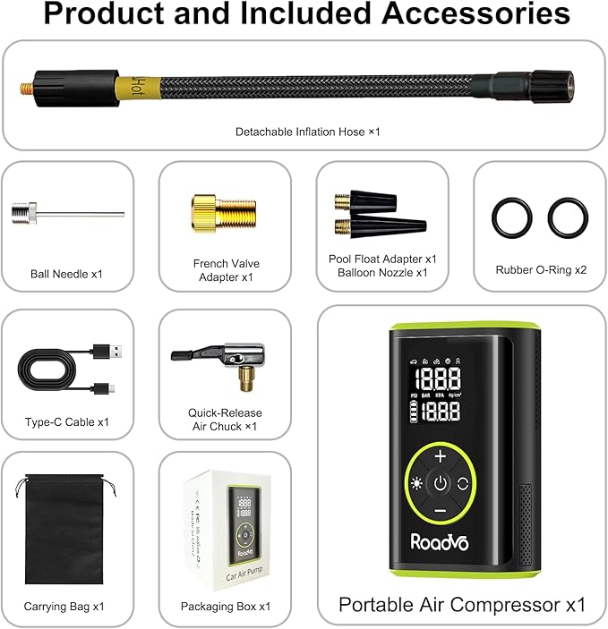 Roadvo Tire Inflator Portable Air Compressor-3X Fast 150 PSI Cordless Air Pump with Digital Tire Pressure Gauge,Auto Shutoff & LCD Display,Portable Bike Pump for Car Tires,Ebike,Motorcycle,Balls