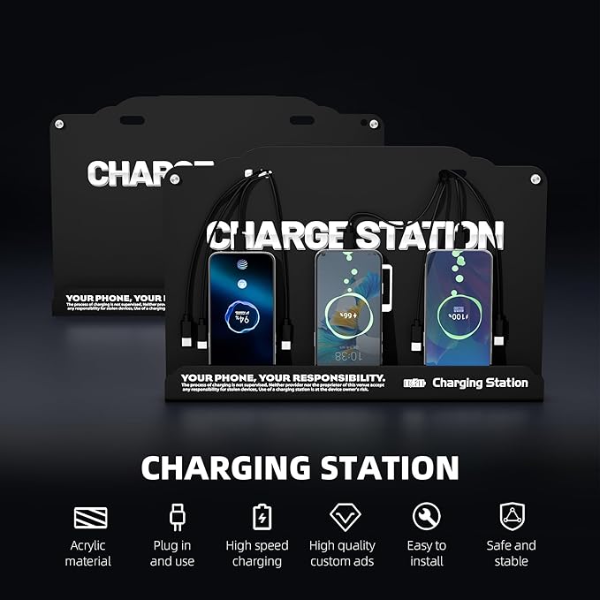 Wall Mounted 8 Port Charging Station with Fast Charigng Cables – Multi Device Charging Dock for Office, Hotel & Public Spaces | Compatible with iPhone ipad Smartphone Tablets Android Port (Black)