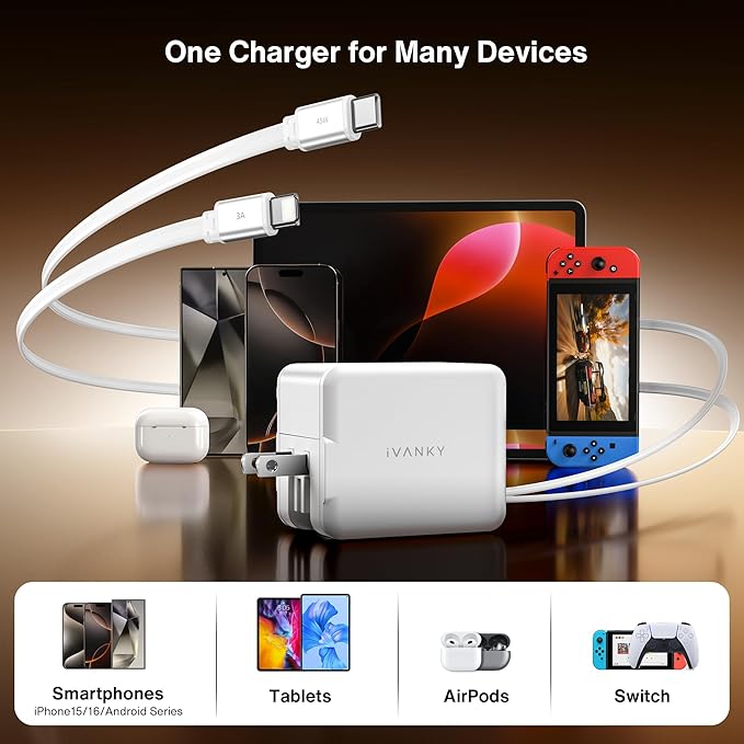 iVANKY Smallest 4-in-1 Retractable GaN Wall Charger for iPhone 17 Air, 45W USB C Charger Block with Dual USB C Cables, Fast Charging Samsung, 4-Port Adapter for 16/15/14 Pro Max, AirPods Pro 2/3