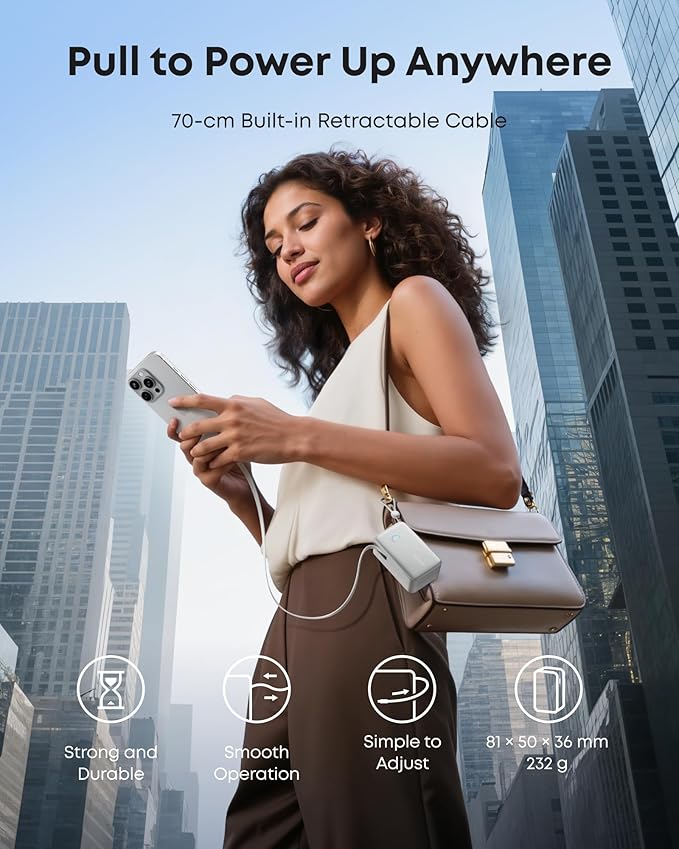 Anker Nano Power Bank, 10,000mAh Portable Charger with 2.3 ft InstaCord Retractable Cable, 45W Max Compact Battery Pack, Smart Display, for iPhone 16 Series, iPad, Galaxy, Pixel, and More
