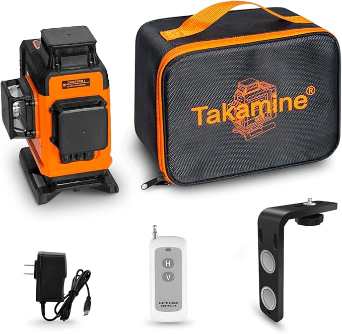 Takamine 16 Lines Laser Level Self Leveling 4x360° 4D Green Cross Line for Construction/Picture Hanging, Remote Controller, Rechargeable Li-ion battery, Magnetic Stand and portable bag