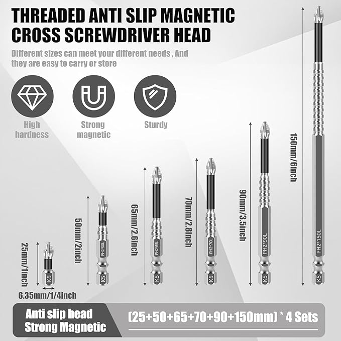 High Magnetic Screwdriver Drill Bit Set, K5 Impact Resistant Non Slip Bit, Anti-Slip Magnetic Electric Screwdriver Set, 25 50 65 70 90 150mm (12Pcs)