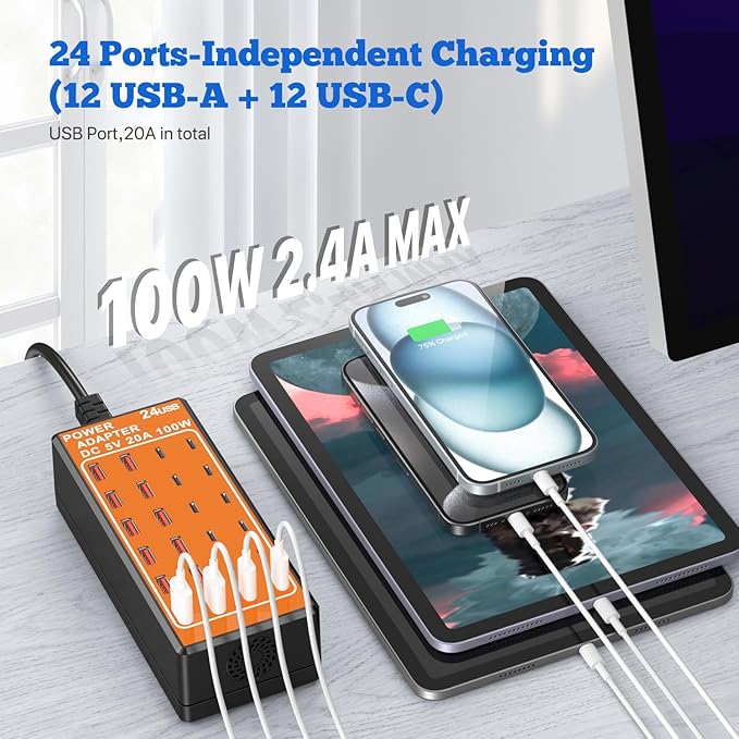 USB C Charging Station, USB Charging Hub, 100W (20A) 24 Port Desktop Wall Charger Power Strip for iPhone 16 15 14 Android Tablet Smart Watch AirPods Samsung Galaxy Pixel USB C Charger
