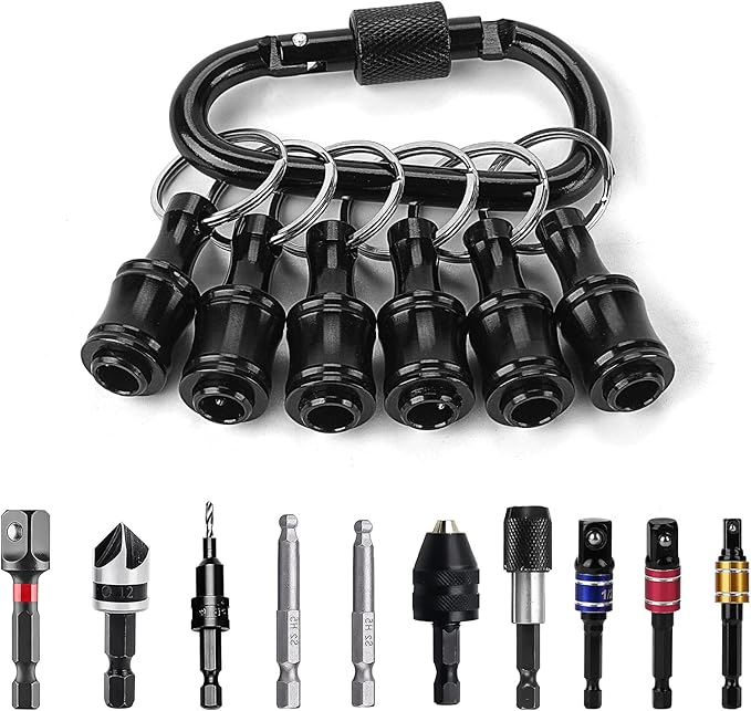 LUEXBOX 1/4 Inch Bit Holder Keychain, Hex Screwdriver Bits Holder Extension Bar, Quick Change Screw Bit Holder for Most Electric, Hand-held Screwdrivers and Drill Bits (A: Black 6pack)
