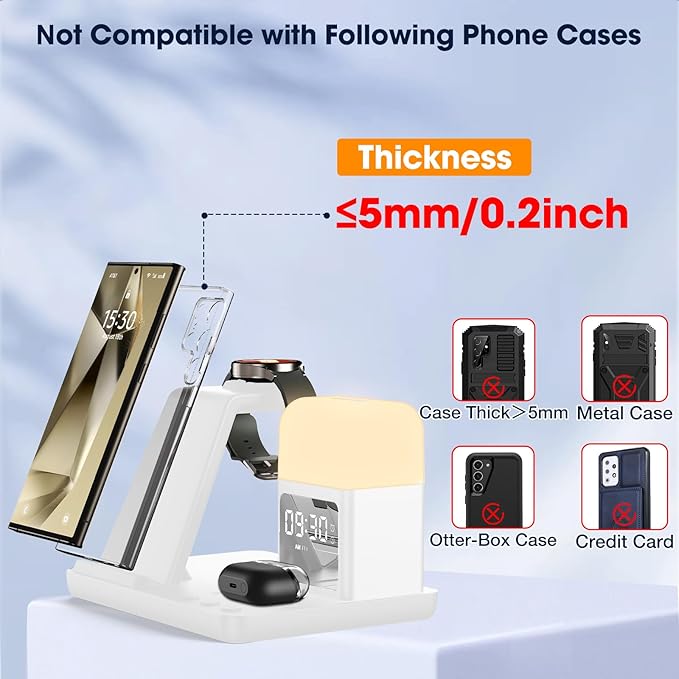Wireless Charger for Samsung/Android, 6 in 1 Phone Nightstand Charging Station Charger with Alarm Clock/Night Light for Samsung S25/S24/S23 Ultra/Buds3 Pro,Watch Charger for Galaxy Watch 8/7/6/5-White