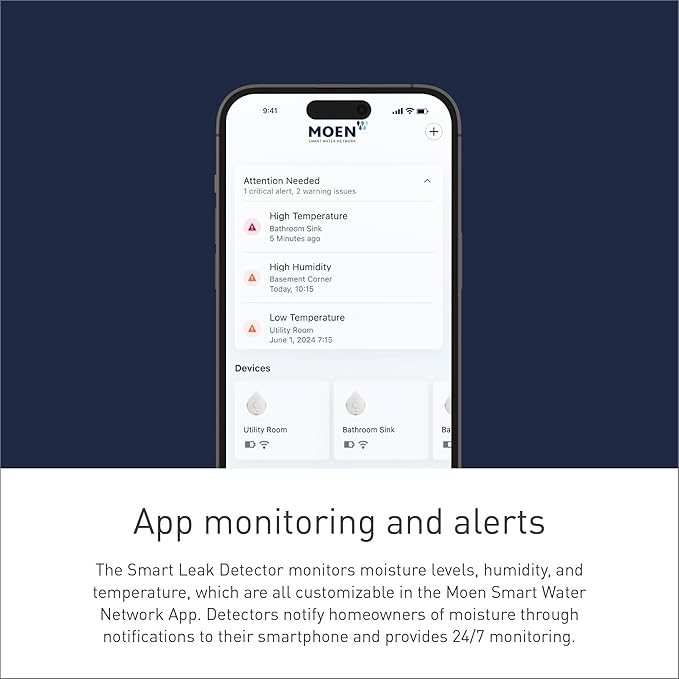 Moen White Flo Smart Water Leak Detector, Water Sensor Alarm for Home, 3-Pack, 920-005