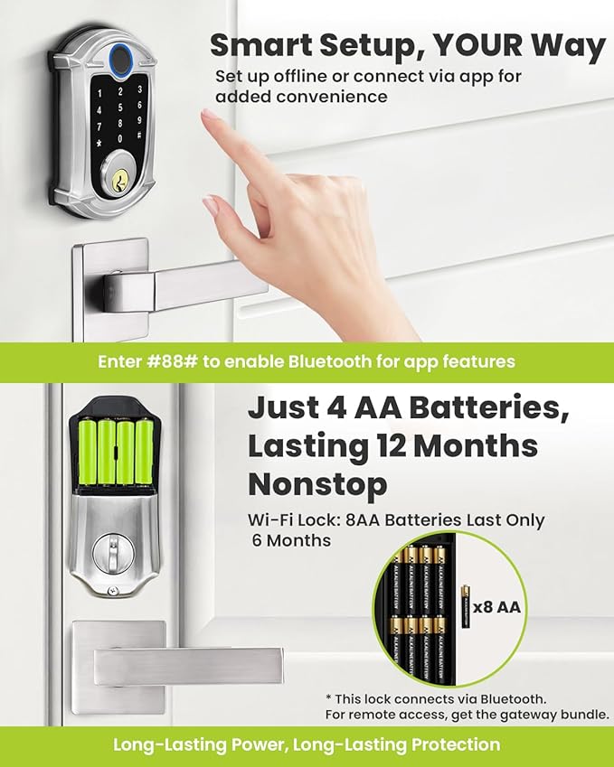Keyless-Entry Deadbolt Smart Lock with Lever Handle Set: Digital Exterior Waterproof IP56 Locks for Front Door, Smartphone Control Fingerprint Door Lock with Keypad Key Fob(Satin Nickel)