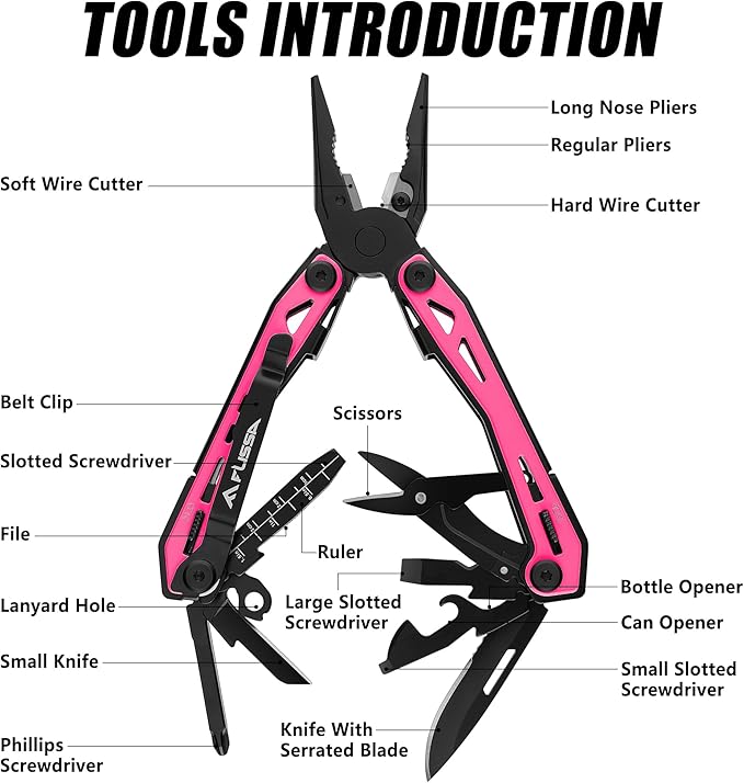 FLISSA 16-in-1 Pink Multi Tool Pliers, Gifts for Men, Stainless Steel EDC Multitool with Pocket Knife, Belt Clip and Oxford Pouch, for Camping Survival Outdoor Activities