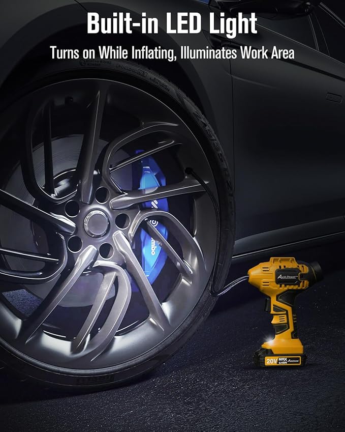 Avid Power Tire Inflator Portable Air Compressor, 20V Cordless Car Tire Pump with Rechargeable Li-ion Battery, 12V DC Adapter, Digital Pressure Gauge, Battery Powered Tire Inflator (Industrial Yellow)