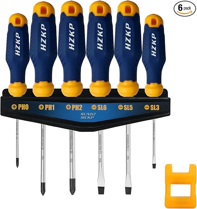SUNHZMCKP 7-Piece Screwdriver Set, 3 Phillips and 3 Flat Screw Driver Made of S2 Steel, Screw Driver Set Kit with Wall Mount, Professional Cushion Grip and Magnetize&Demagnetize Device