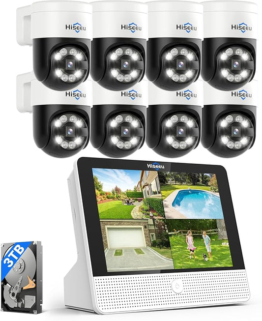 【Human Tracking+330° View】 Hiseeu 4K PoE Security Camera System,All-in-one 12" Monitor,8Pcs 5MP PoE PTZ Security Cameras for Home Security Outdoor,2-Way Audio,Color Night Vision,16CH Expandable