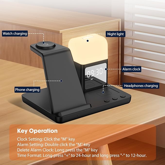 Wireless Charger for Samsung/Android, 6 in 1 Phone Nightstand Charging Station Charger with Alarm Clock/Night Light for Samsung S25/S24/S23 Ultra/Buds3 Pro,Watch Charger for Galaxy Watch 8/7/6/5-Black