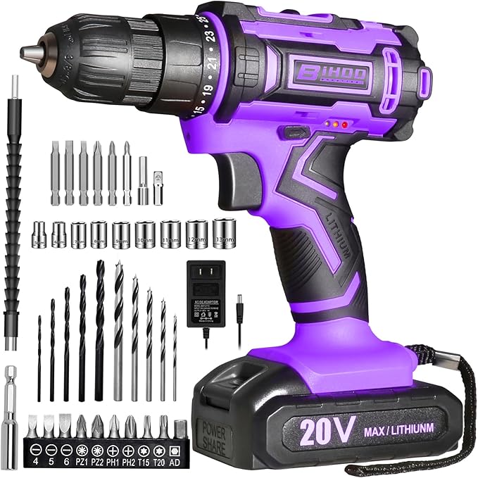 Purple 20v Cordless Drill With Battery And Charger, Electric Screwdriver Kit, 25+1 Torque, Stud Finder Ready,Front LED Light