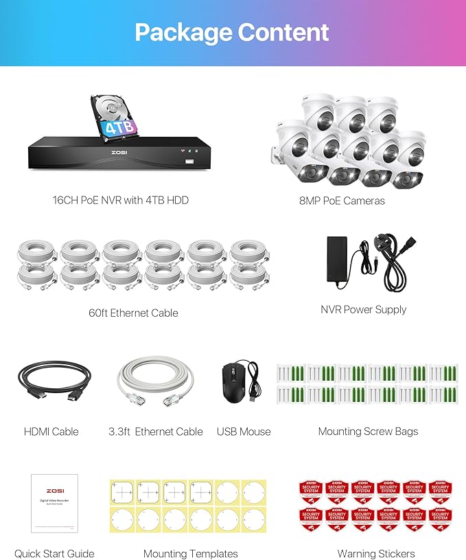 ZOSI 4K PoE Security Camera System,Person Vehicle Detection,2 Way Audio,Sound&Light Siren,Dual Disk Backup,12pcs 4K Spotlight Outdoor PoE Cameras,4K 16 Port 24CH NVR with 4TB HDD for 24/7 Recording