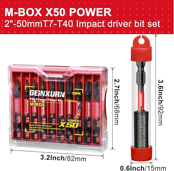 10 Pieces 2 In. (T7-T40) Impact Screwdriver Bit Set, Magnetic Multi-Torx Head Power Bits, S2 Alloy Steel Star Bits with 1 Pc Impact Bit Holder and Storage M-Box