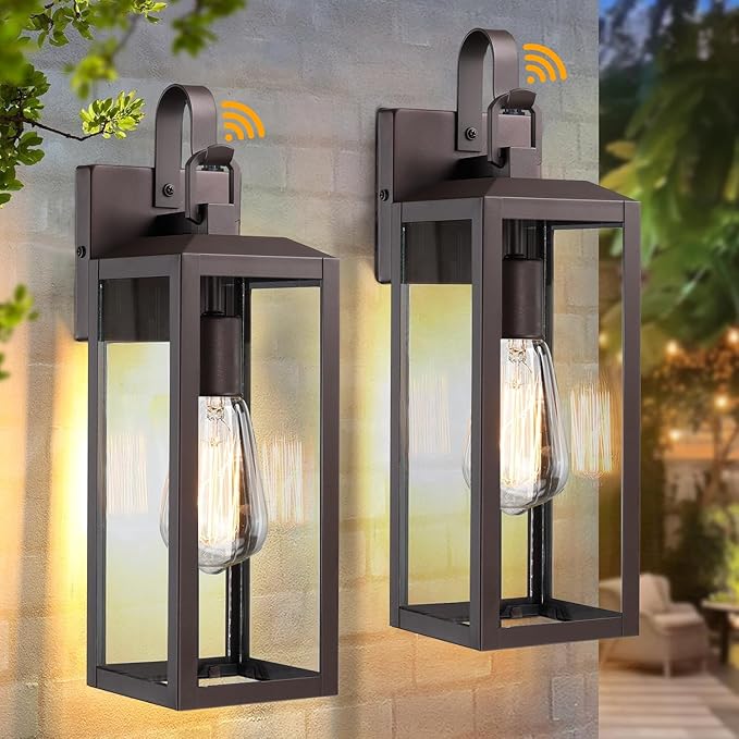 16'' Large Dusk to Dawn Outdoor Lighting 2 Packs, Modern Outdoor Lanterns for Porch, Waterproof Exterior Light Fixture Wall Sconces Lamps, Outside Lights for House Patio, Garage, Farmhouse, Brown