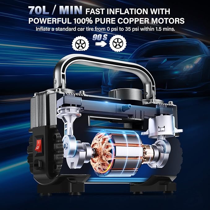 GSPSCN Tire Inflator Heavy Duty Double Cylinders, Portable Metal DC 12V Air Compressor - Car Accessories, 150PSI Tire Pump with Adapter for Car, Truck, SUV Tires, Dinghy, Air Bed etc (Titanium)