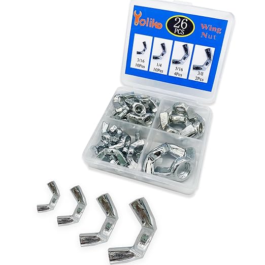 26 Pcs 4 Sizes 3/16",1/4",5/16",3/8" Wingnuts, Quality Carbon Steel Wing Nuts Sliver Zinc Plated Fasteners Parts Butterfly Nut, Hand Twist Tighten Hardware Nuts Butterfly Wing-Nut Assorted Kit