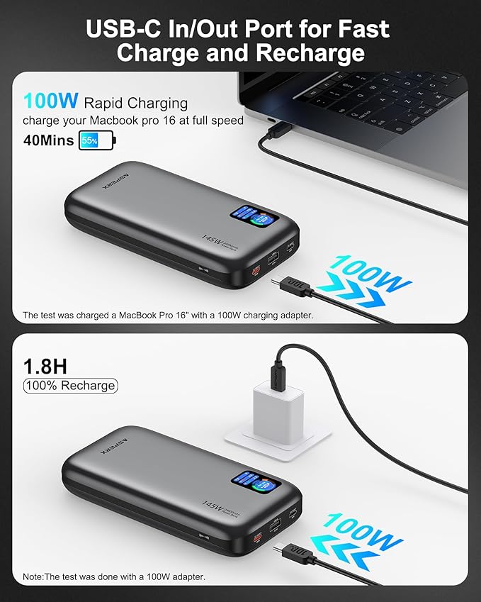AsperX Laptop Power Bank,24,000mAh 145W PD 3.1 Fast Charging Portable Charger, TFT Smart Display USB C Battery Pack(86.4Wh) for MacBook/iPhone 17/Dell XPS/Galaxy S25/Steam Deck/ipad (Flight-Approved)