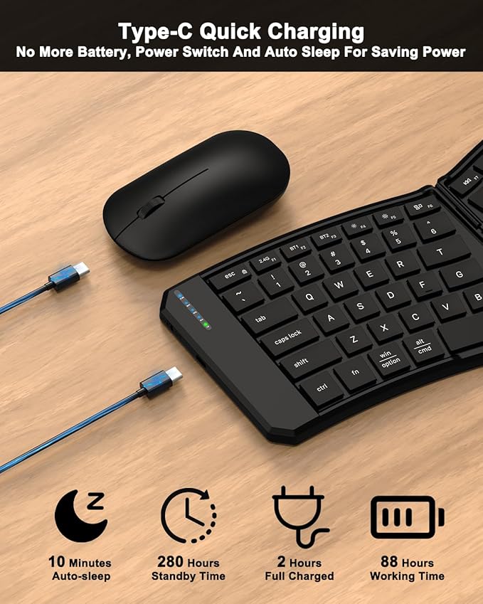 Ergonomic Foldable Keyboard and Mouse Combo, 2.4G+Dual Bluetooth Rechargeable Folding Keyboard Mouse for Travel and Business, Split Design, Portable Size for Laptop iPads Tablet Smartphone