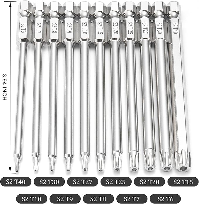 11 Piece Security Torx Bit Set (T6-T40), 1/4 Inch Hex Shank S2 Steel Magnetic Tamper Proof star screwdriver bit set 4" Long
