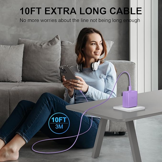 Phone 16 Pro Max Charger Fast Charging, 45W USB C Phone 16 Super Fast Charger Block with 10ft Long Type C Charging Cable Cord for Phone 16/16 Pro/16 ProMax/16 Plus, 15/15 Pro Max/Pro/Plus,2pack purple