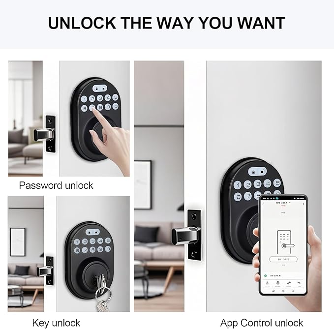 Security Smart Lock C30:Keyless Entry WiFi Deadbolt for Front Door, No Hub Needed! Auto-Lock, App Control, Easy Install- Black
