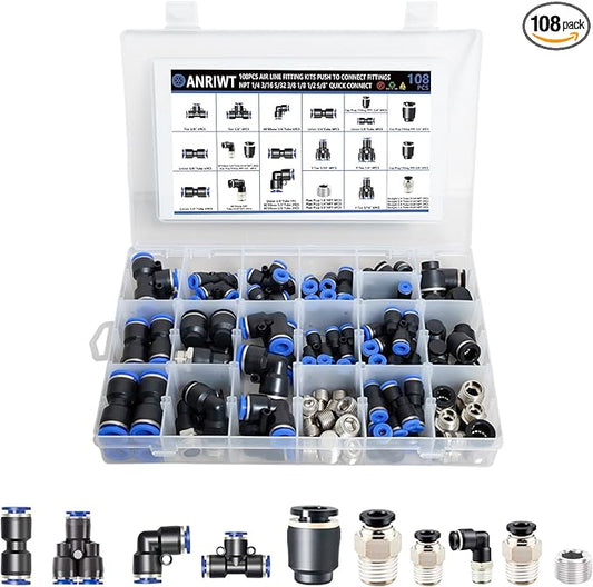 108Pcs Quick Connect Air Hose Fitting Kit, NPT 1/4,3/16, 5/32,3/8,1/8,1/2,5/8" Push To Connect Fittings Air Line Pneumatic Fittings Kit Connectors for Automotive Car or Industrial Workshops