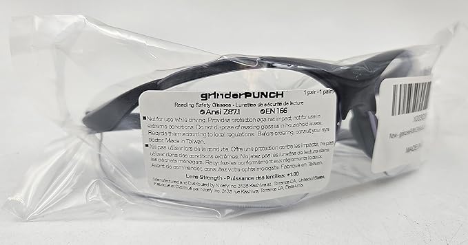 grinderPUNCH Full Lens Magnification Safety Glasses with Black Frame | Clear Lens | | Magnifying Reading Eyewear