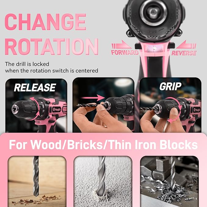 YOUGFIN Pink Drill Set for Women, Tool Kit with Drill 12V or Home Office Repairing & Improvement, Household Drill Set Power Tool with Pink Tool Box 195 Pieces