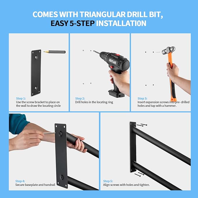 Sturdy Stainless Steel Handrail for Stairs, Bathroom, Indoor/Outdoor Safety Rail for Elderly, Wall Mounted, Easy Instal (16inch)