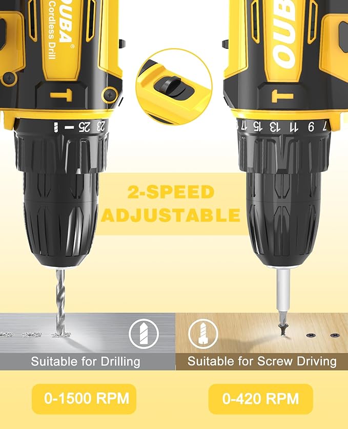 OUBA Cordless Drill Set, 12.8V Lithium Lon Power Drill Cordless with Battery and Charger, 2 Variable Speeds, 3/8" Keyless Chuck, 25+3 Torque Setting, Built-In LED, Electric Drills for Home (Yellow)