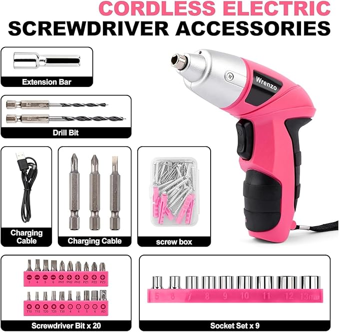 116 Pieces Pink Cordless Electric Screwdriver 3.6V Set Cordless & Rechargeable with Driver Bit Set for women 1500mAh Battery, LED Light for Furniture/Electrical Repairs