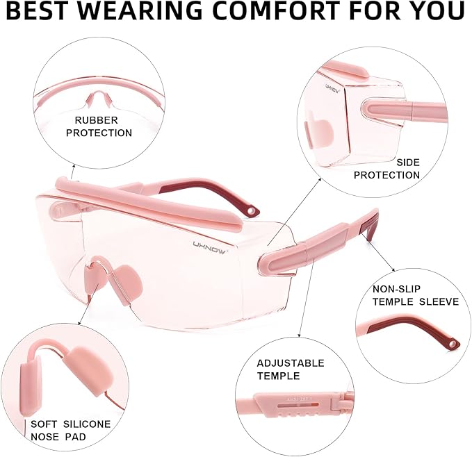UKNOW Safety Goggles Over Glasses, Safety Glasses Anti Fog Wraparound Eye Protection, Protective Eyewear ANSI Z87.1