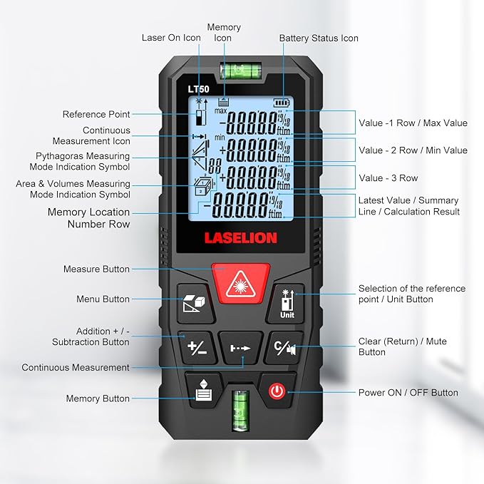 LT50 Laser Distance Meter – 50m (165ft) Range, High Accuracy, Multiple Measurement Modes, Built-in Level Bubble, and Mute Function Handle Laser Distance Measurement Tool